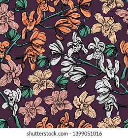 Seamless pattern. Illustration of garden flowers of clematis, orchid and Clivia. Floral design to create fabrics, textiles. Vintage