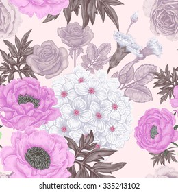 Seamless pattern. Illustration of garden flowers of roses, peonies, hydrangeas, carnations. Floral design in Victorian style to create fabrics, textiles, wallpaper, paper. Vintage. Vector.