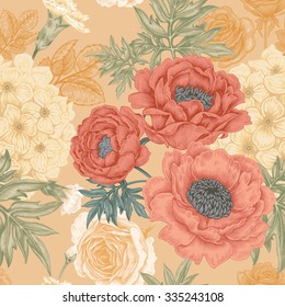 Seamless pattern. Illustration of garden flowers of roses, peonies, hydrangeas, carnations. Floral design in Victorian style to create fabrics, textiles, wallpaper, paper. Vintage. Vector.