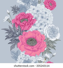 Seamless pattern. Illustration of garden flowers of roses, peonies, hydrangeas, carnations. Floral design in Victorian style to create fabrics, textiles, wallpaper, paper. Vintage. Vector.