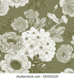 Seamless pattern. Illustration of garden flowers of roses, peonies, hydrangeas, carnations. Floral design in Victorian style to create fabrics, textiles, wallpaper, paper. Vintage. Vector.