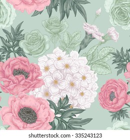 Seamless pattern. Illustration of garden flowers of roses, peonies, hydrangeas, carnations. Floral design in Victorian style to create fabrics, textiles, wallpaper, paper. Vintage. Vector.