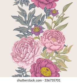 Seamless pattern. Illustration of garden flowers of roses, peonies. Floral design in Victorian style to create fabrics, textiles, wallpaper, paper. Vintage. Vector.
