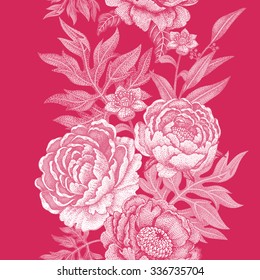 Seamless pattern. Illustration of garden flowers of roses, peonies. Floral design in Victorian style. Vintage. Vector. 