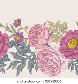  Patrón sin problemas. Ilustración de flores de jardín de rosas, peonías. Diseño floral de estilo victoriano para crear tejidos, tejidos, papel pintado, papel pintado. Vintage. Vector.