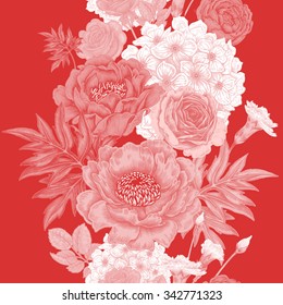 Seamless pattern. Illustration of garden flowers of roses, peonies, hydrangeas, carnations. Floral design in Victorian style. Vintage. Vector.