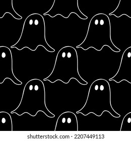 Seamless pattern with illustration of ghosts on a black background