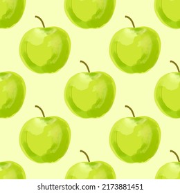 Seamless pattern with Illustration  green apples on a light yellow background