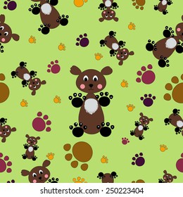 It's a seamless pattern illustration with green background, nice teddy-bears and colorful paws. Vector
