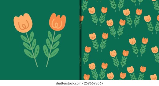 Seamless pattern and illustration greeting card cartoon flower. cute card and wallpaper for gift wrap paper