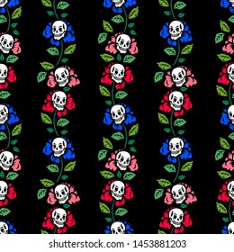Seamless pattern. Illustration for Halloween. Colorful flowers with human skulls. A garland of flowers with human skulls. Gothic garden. Happy Halloween!