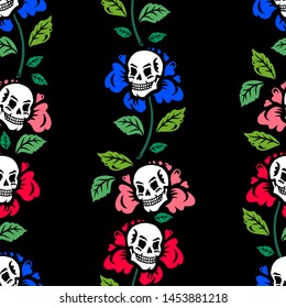 Seamless pattern. Illustration for Halloween. Colorful flowers with human skulls. A garland of flowers with human skulls. Gothic garden. For greeting cards, printing on T-shirts and more.