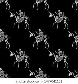 Seamless pattern. Illustration for Halloween. Couple of skeletons riding a unicorn skeleton. Anatomy of magical creatures. For cards, invitations, T-shirts and more. Happy Halloween!