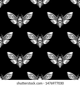 Seamless pattern. Illustration for Halloween. Dead head hawkmoth. Night moth with skull. Black background. For cards, invitations, T-shirts and more. Happy Halloween!