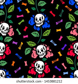 Seamless pattern. Illustration for Halloween. A garland of flowers with human skulls among the colored bones. For greeting cards, invitations, for printing on T-shirts and more.