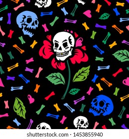 Seamless pattern. Illustration for Halloween. Human skull in a flower among the colored bones. Black background. Great for greeting cards, invitations, for printing on T-shirts and more.