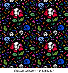 Seamless pattern. Illustration for Halloween. Human skull in a flower among the colored bones. Isolated on black background. For greeting cards, invitations, for printing on T-shirts and more.