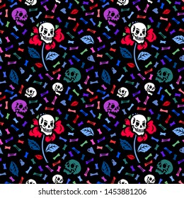 Seamless pattern. Illustration for Halloween. Human skull in a flower among the colored bones. Black background. For greeting cards, invitations, for printing on T-shirts and more.