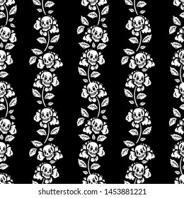Seamless pattern. Illustration for Halloween. Human skull in a flower. A garland of flowers with human skulls. Great for greeting cards, invitations, for printing on T-shirts and more.