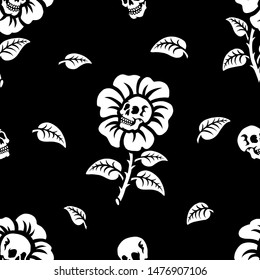 Seamless pattern. Illustration for Halloween. Human skull in a flower. Flowers with human skulls. For greeting cards, invitations, for printing on T-shirts and more. Happy Halloween!