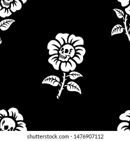 Seamless pattern. Illustration for Halloween. Human skull in a flower. Flowers with human skulls. For greeting cards, invitations, for printing on T-shirts and more.
