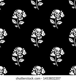 Seamless pattern. Illustration for Halloween. Skull in a flower. Black background. For greeting cards, invitations, for printing on T-shirts and more.