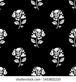 Seamless pattern. Illustration for Halloween. Skull in a flower. Black background. For greeting cards, invitations, for printing on T-shirts and more. Happy Halloween!