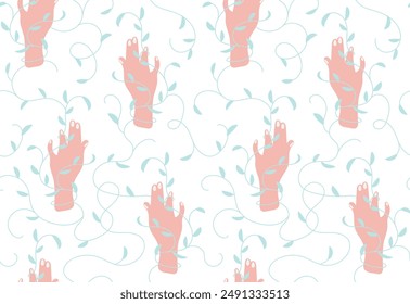Seamless pattern illustration of a hand with bindweed