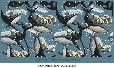 Seamless pattern illustration hand drawn whale swiming.