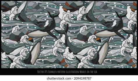 Seamless pattern illustration hand drawn whale swiming.