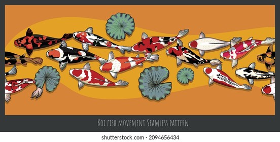 Patrón sin soldadura Ilustración grupo de color de mezcla dibujado a mano de peces Koi nadando.