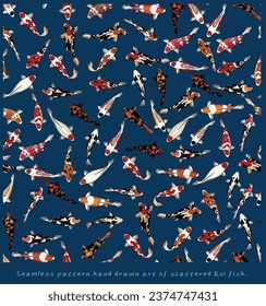 Seamless pattern illustration hand drawn art of mix colorful scattered koi fish.