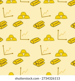  seamless pattern is an illustration of a hand-drawn gold bar and a line chart showing an uptrend.