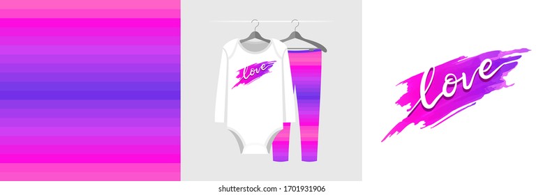 Seamless pattern and illustration with hand-drawn paint texture and lettering Love. Cute design pajamas on the hanger. Baby background for clothes, room birthday decor, fashion tee print, wrapping