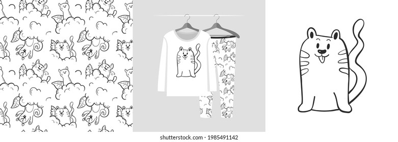 Seamless pattern and illustration handdrawn sketch style cats. Cute design pajamas on the hanger. Baby background for clothes, room birthday decor, fashion tee print, wrapping