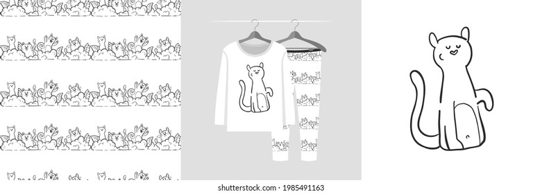 Seamless pattern and illustration handdrawn sketch style cats. Cute design pajamas on the hanger. Baby background for clothes, room birthday decor, fashion tee print, wrapping