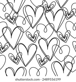 Seamless pattern illustration of handwriting word love, hearts and flourishes