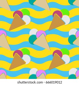 seamless pattern illustration - ice cream with three color scoops in front of a yellow, blue waves background