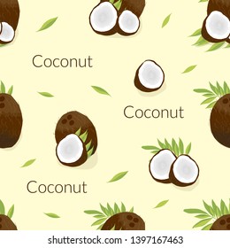 Seamless pattern, illustration with the image of a juicy coconut and pieces of coconut on the leaves of a palm tree vintage card on a beige background
