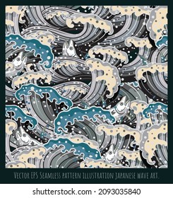 Seamless pattern illustration japanese old style art,fish sea wave shapes overlapping.