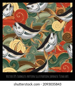 Seamless pattern illustration japanese old style art,fish sea wave shapes overlapping.