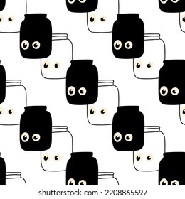 Seamless pattern with illustration a jars with eyes on a white background