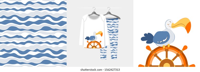 Seamless pattern and illustration for kid with albatros on sailboat wheel. Cute design on pajamas mockup. Baby background for clothes wear, room decor, t-shirt, baby shower invitation, wrapping