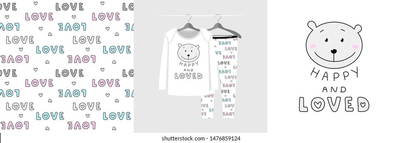 Seamless pattern and illustration for kid with bear, quote Happy and Loved. Cute design on pajamas mockup. Baby background for clothes wear, room decor, t-shirt, baby shower invitation, wrapping