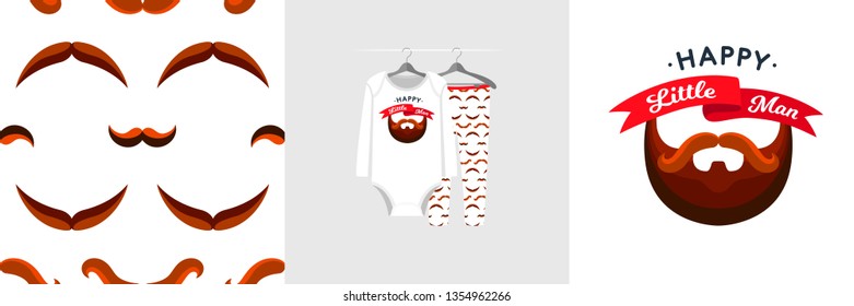 Seamless pattern and illustration for kid with beard, quote Happy little man. Cute design on pajamas mockup. Baby background for clothes wear, room decor, t-shirt, baby shower invitation, wrapping