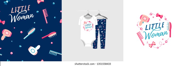 Seamless pattern and illustration for kid with beauty tools, text Little woman. Cute design pajamas on hanger. Baby background for fashion clothes, room decor, t-shirt, baby shower, wrapping