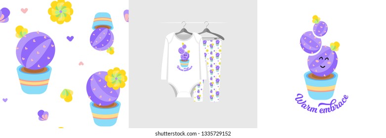 Seamless pattern and illustration for kid with cactus, text Warm embrace. Cute design pajamas on hanger. Baby background for clothes, room birthday decor, t-shirt print, wear fashion, invitation card