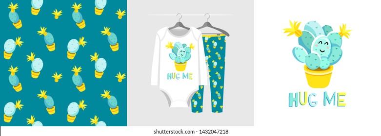 Seamless pattern and illustration for kid with cactus, text Hug me. Cute design pajamas on hanger. Baby background for clothes, room birthday decor, t-shirt print, kids wear fashion, wrapping paper