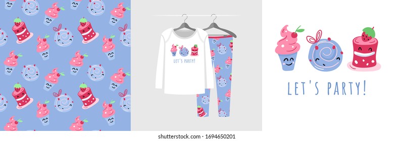 Seamless pattern and illustration for a kid with cake characters, text Let's party! Cute design pajamas on the hanger. Baby background for clothes, room birthday decor, fashion tee print, wrapping