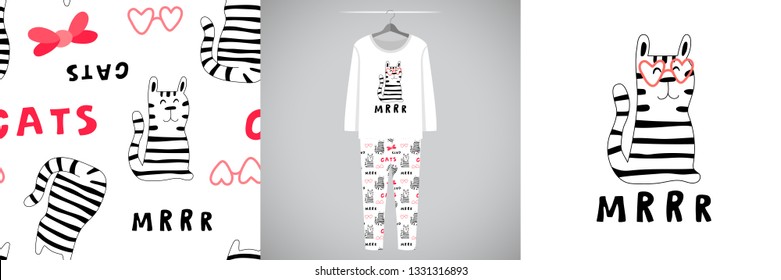 Seamless pattern and illustration for kid with cat. Cute design pajamas on hanger. Baby background for clothes, room birthday decor, t-shirt print, kids wear fashion, baby shower invitation card